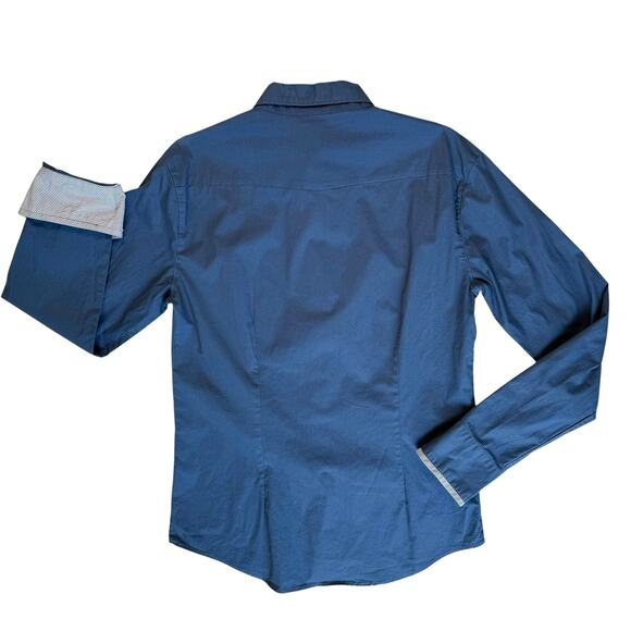 Blue Button Down Dress Shirt Mens Large Fitted Lapel Cuff Accent Going Out Chic - Picture 6 of 12